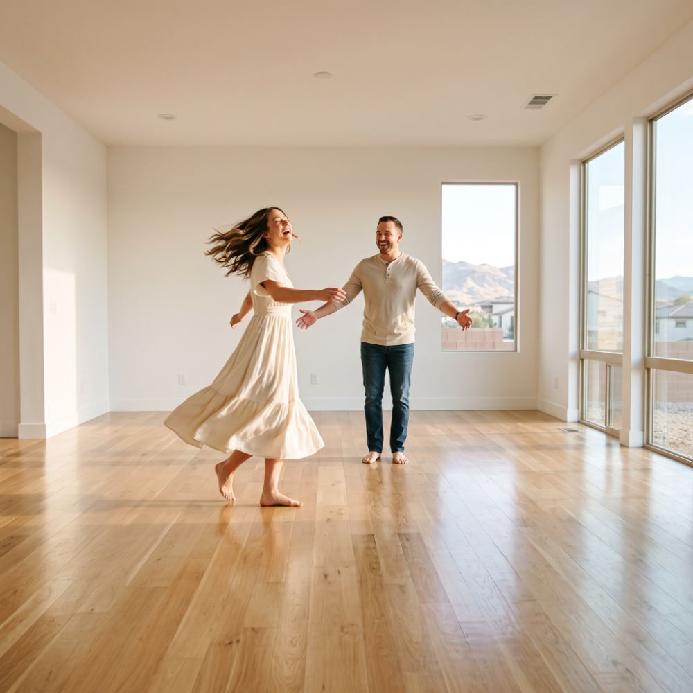 Couple dancing barefoot in their new, spotless Las Vegas home