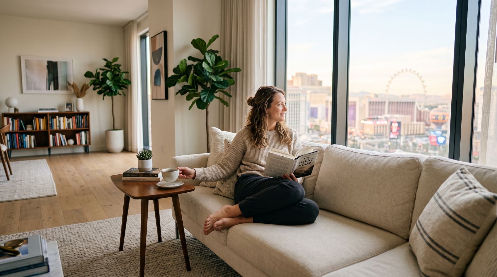 Woman relaxing with coffee and a book in a spotless Las Vegas high-rise living room after her recurring house cleaning