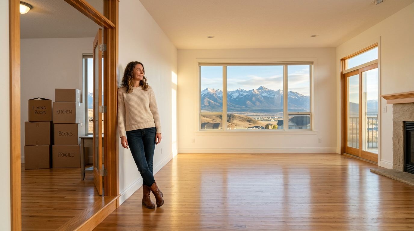 Couple walking into their new home with moving boxes after a move-in cleaning