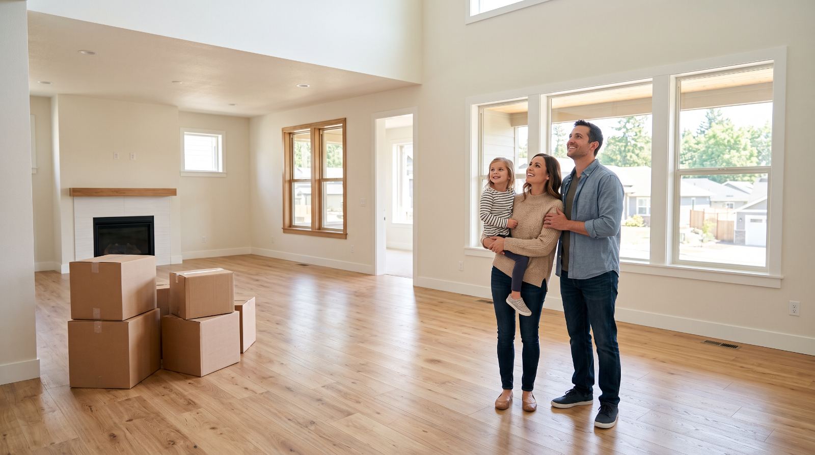 Couple walking into their new home with moving boxes after a move-in cleaning
