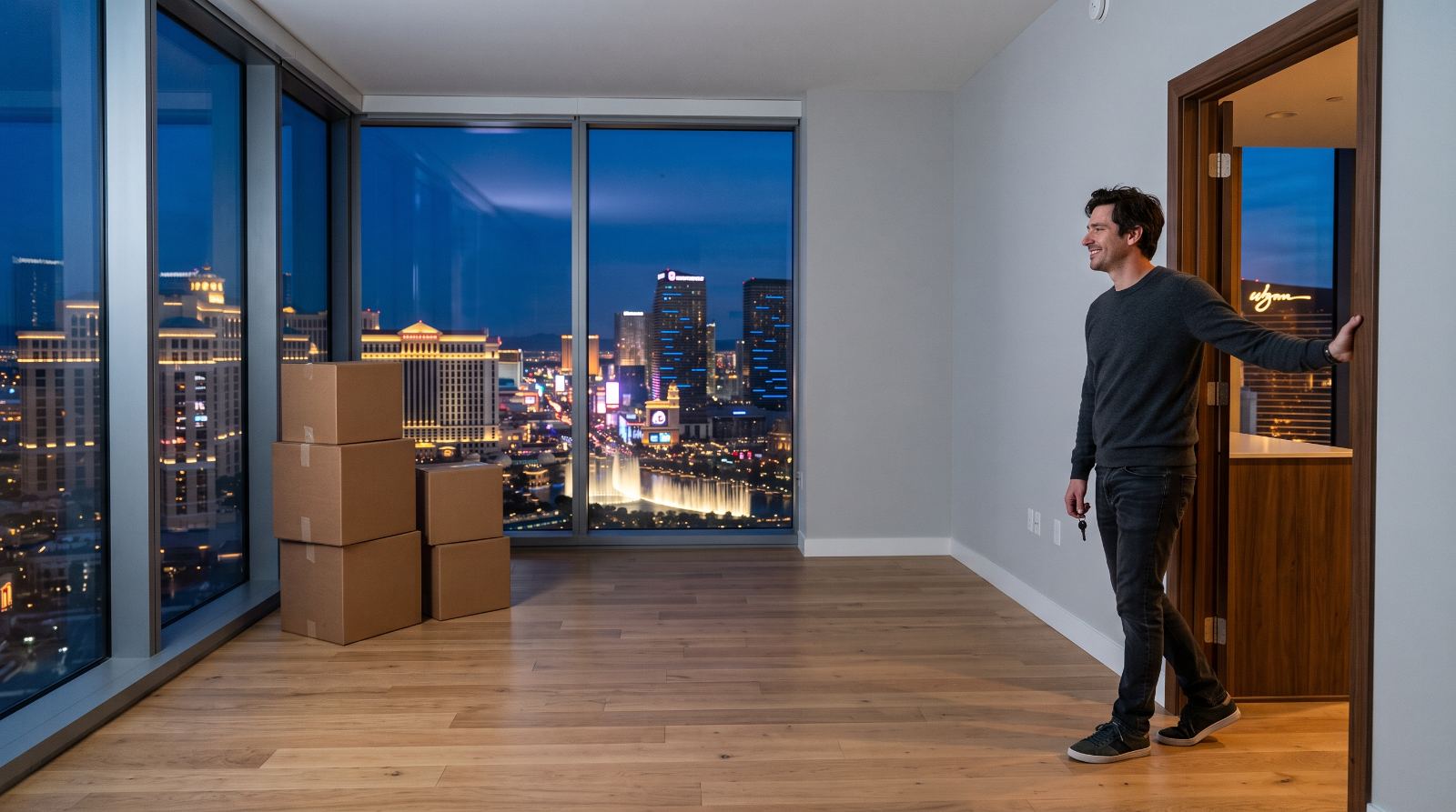 Couple walking into their new home with moving boxes after a move-in cleaning