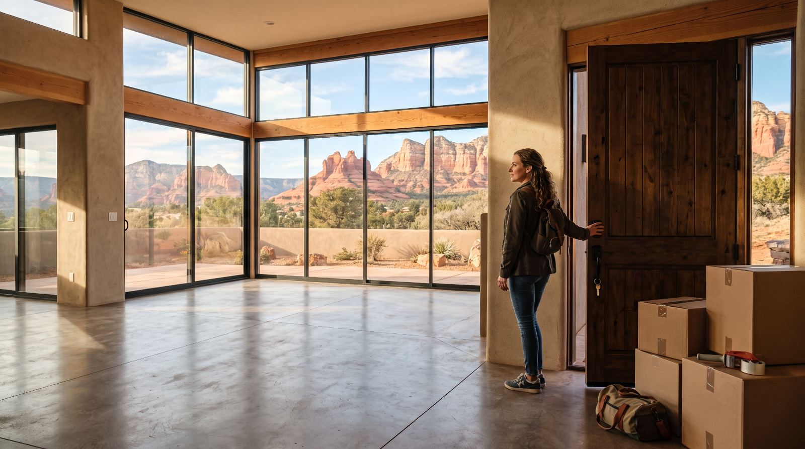 Couple walking into their new home with moving boxes after a move-in cleaning